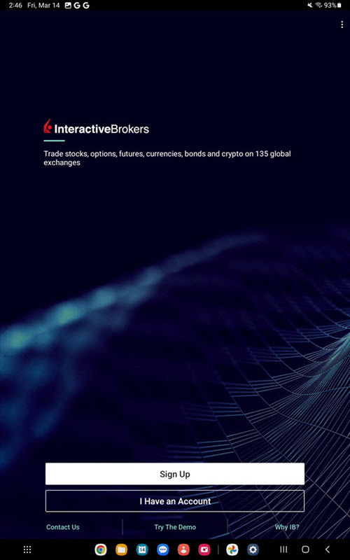 The sign up or login page on the Android Tablet